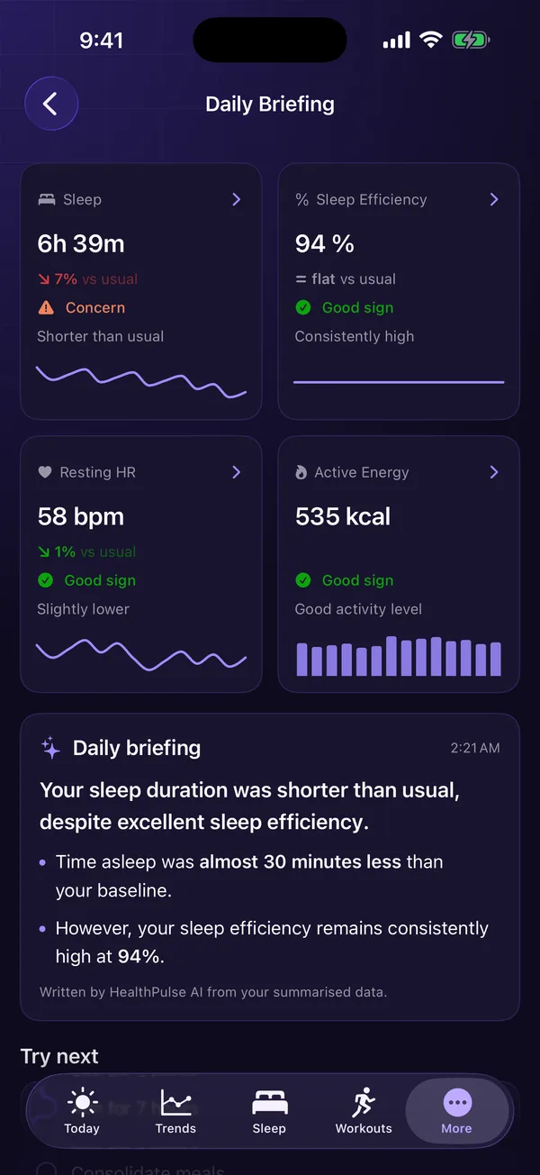 HealthPulse daily briefing with highlight tiles and a written summary