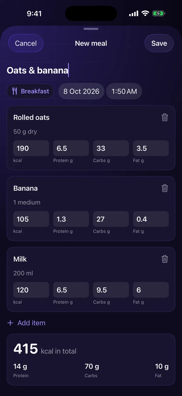HealthPulse meal editor with editable items, meal type and time