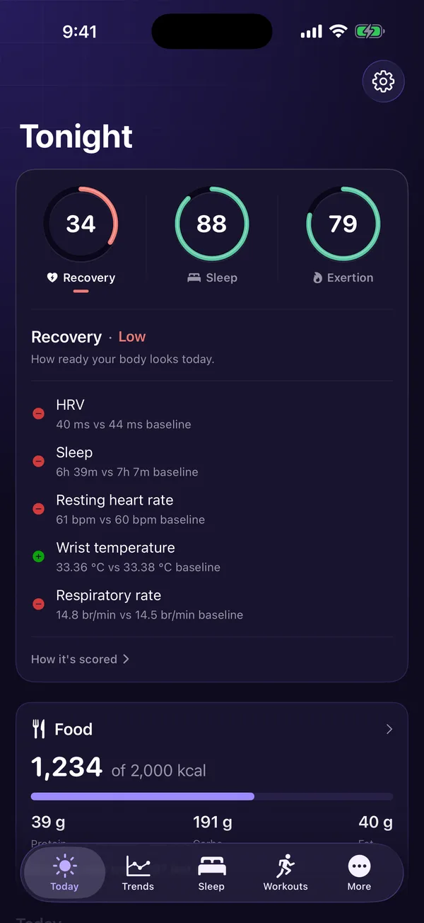HealthPulse Today screen with Recovery, Sleep and Exertion scores and recovery drivers