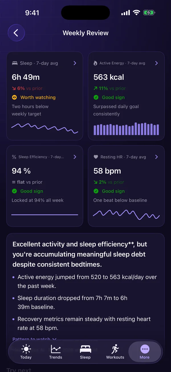 HealthPulse weekly review with 7-day highlight tiles and Try next actions